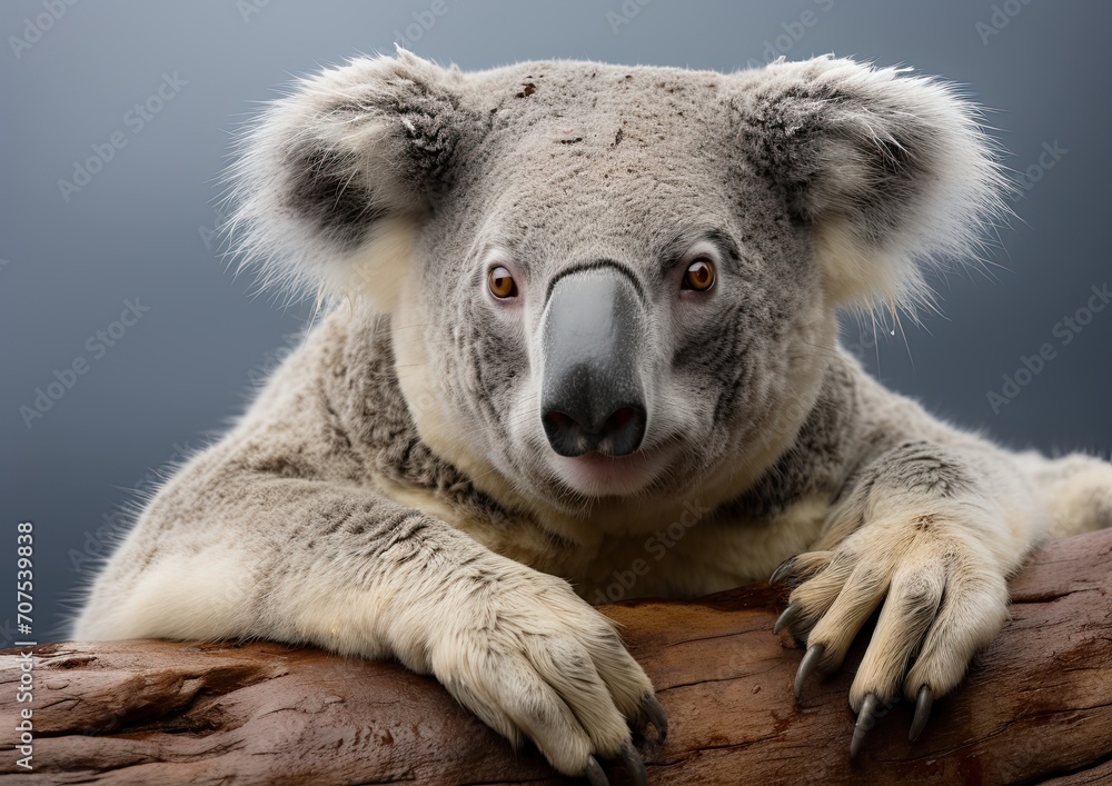 Charming Koala Relaxing on a Tree Limb with a Grey Background