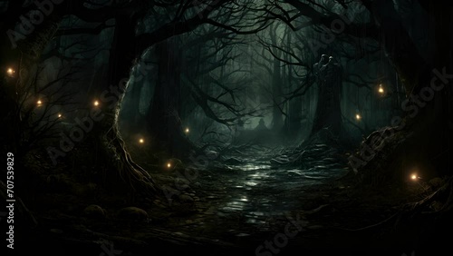 A dark shape shimmering in the shadows of a haunted forest photo
