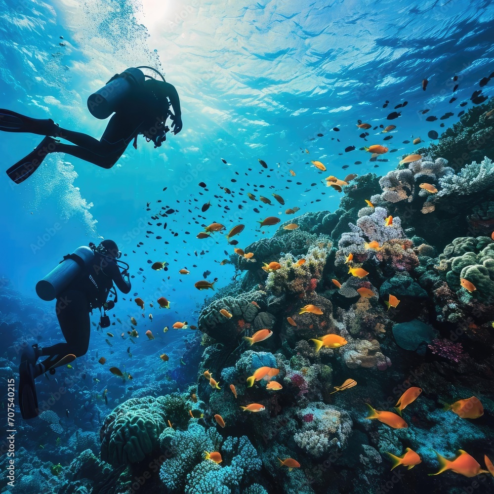 An underwater marine sanctuary with divers exploring coral reefs Schools of tropical fish And sustainable tourism practices Highlighting marine conservation Aquatic biodiversity And responsible travel