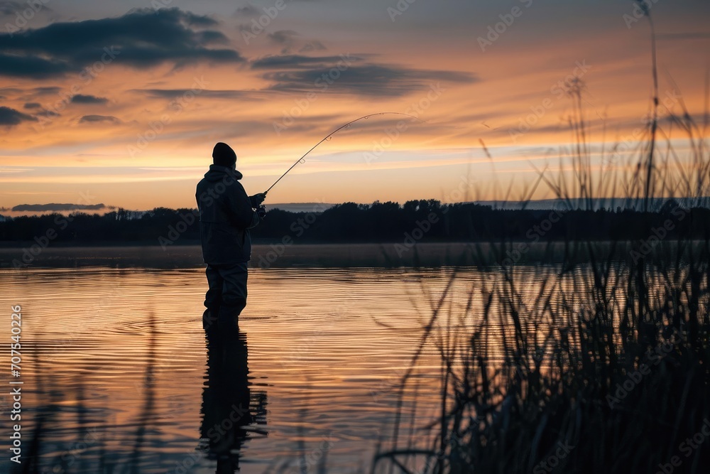 Angler fisherman casting a line in the twilight