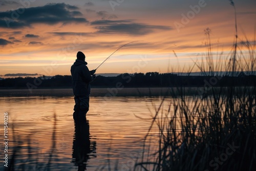 Angler fisherman casting a line in the twilight