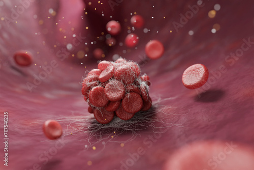 Fotografie blood clot within artery, surrounded by flowing red blood cells