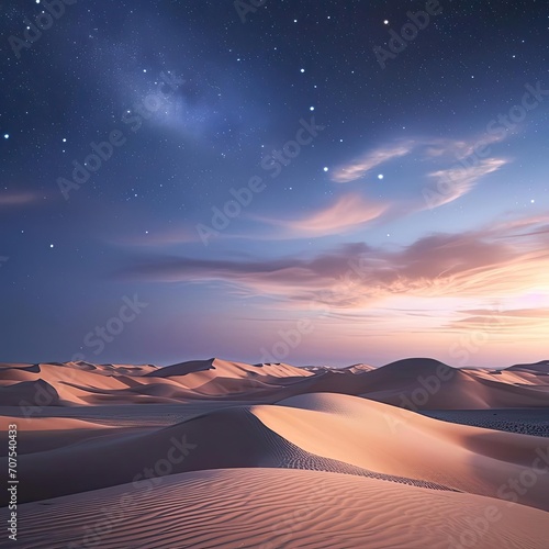 An expansive desert landscape at twilight With sand dunes A star-filled sky And a sense of vastness and solitude Representing the beauty of deserts Nature's wonder And tranquil solitude