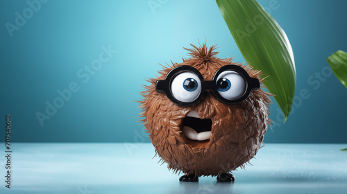 Stylish portrait of an anthropomorphic coconut wearing glasses with copy space, cartoon coconut