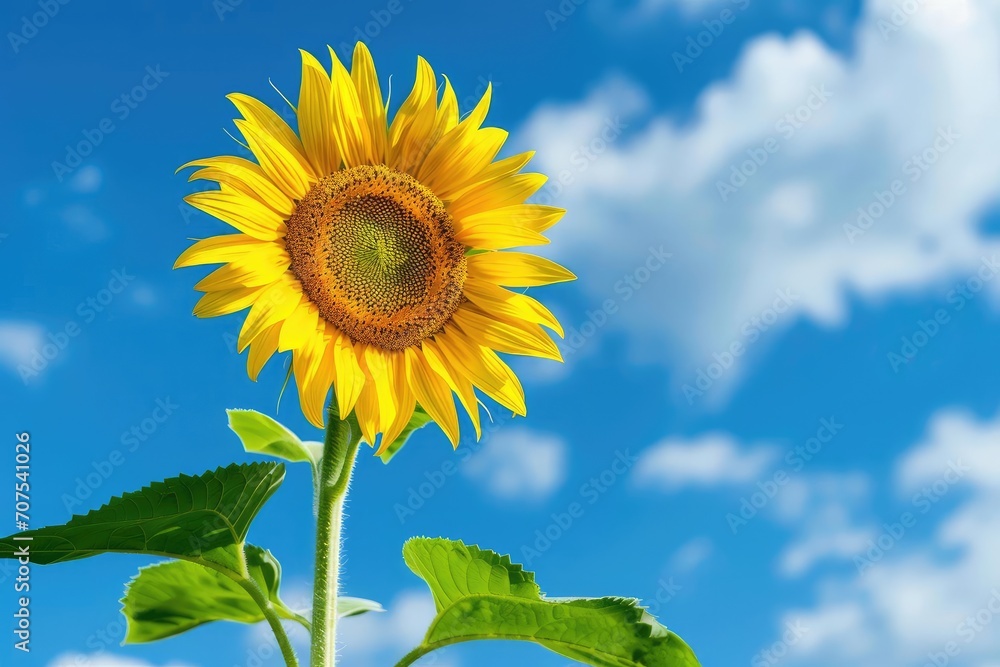 Bright yellow sunflower towering in a blue sky Bright yellow sunflower towering in a blue sky