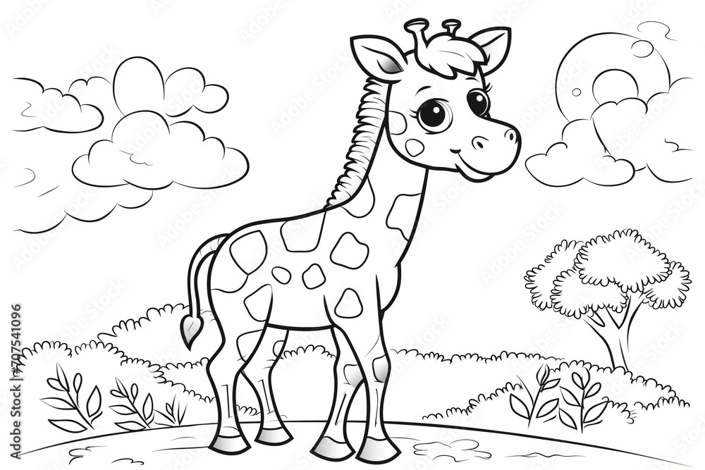 Giraffe standing in a scenic outdoor setting, fluffy clouds, Coloring book page for adults and kids Giraffe standing in a scenic outdoor setting, fluffy clouds, Coloring book page for adults and kids