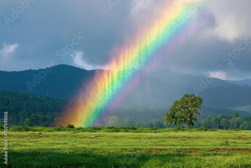 Brilliant rainbow arching over a serene countryside