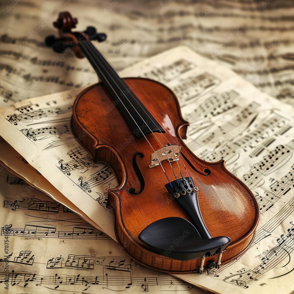 Naklejka premium Elegant violin resting on a music sheet