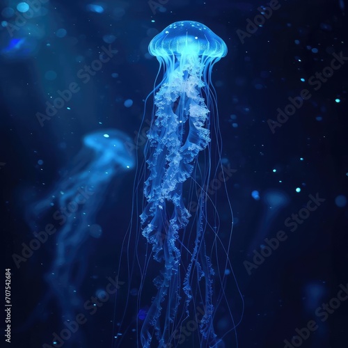 Glowing jellyfish drifting in deep ocean waters