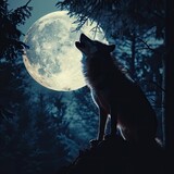 Lone wolf howling at a full moon in a forest