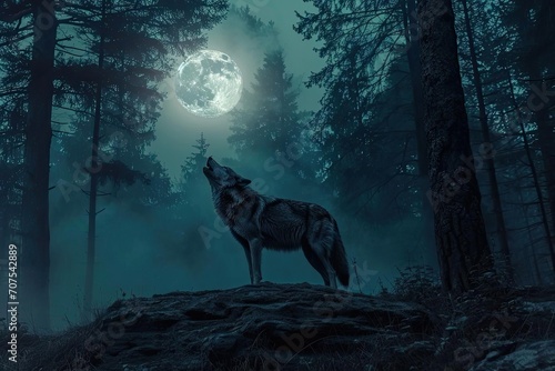 Lone wolf howling under a full moon in a wild forest © Jelena