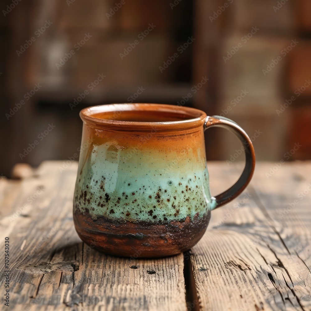 Handmade ceramic mug on a rustic wooden table Handmade ceramic mug on a rustic wooden table