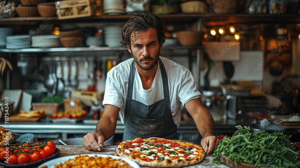 Food concept. Preparing traditional italian pizza. Young smiling chef in uniform Food concept. Preparing traditional italian pizza. Young smiling chef in uniform