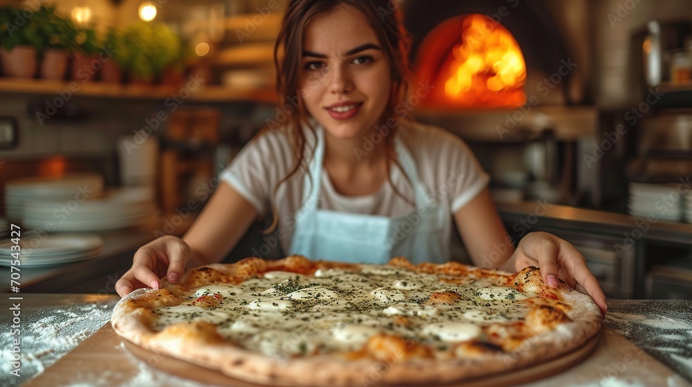 A beautiful young girl chef prepares pizza in the kitchen at the restaurant A beautiful young girl chef prepares pizza in the kitchen at the restaurant