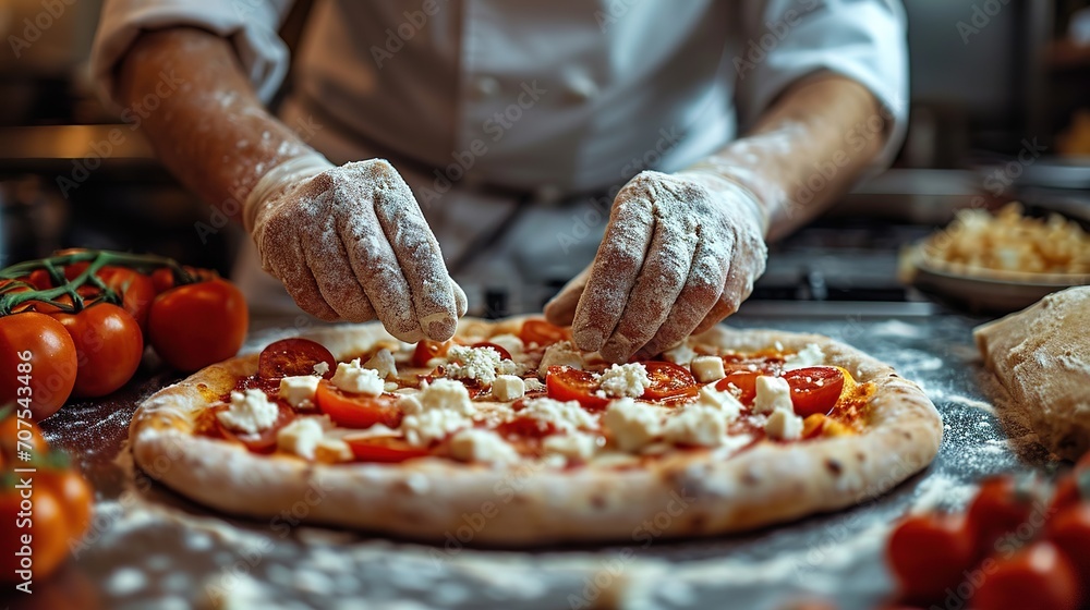 Food concept. Preparing traditional italian pizza. Young smiling chef in uniform Food concept. Preparing traditional italian pizza. Young smiling chef in uniform