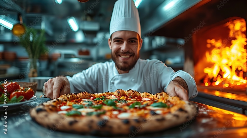 Food concept. Preparing traditional italian pizza. Young smiling chef in uniform Food concept. Preparing traditional italian pizza. Young smiling chef in uniform