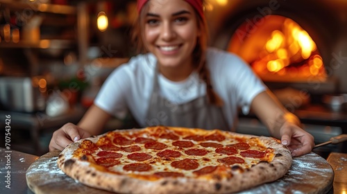 A beautiful young girl chef prepares pizza in the kitchen at the restaurant