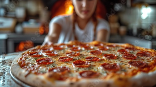 A beautiful young girl chef prepares pizza in the kitchen at the restaurant