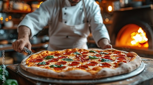 Food concept. Preparing traditional italian pizza. Young smiling chef in uniform