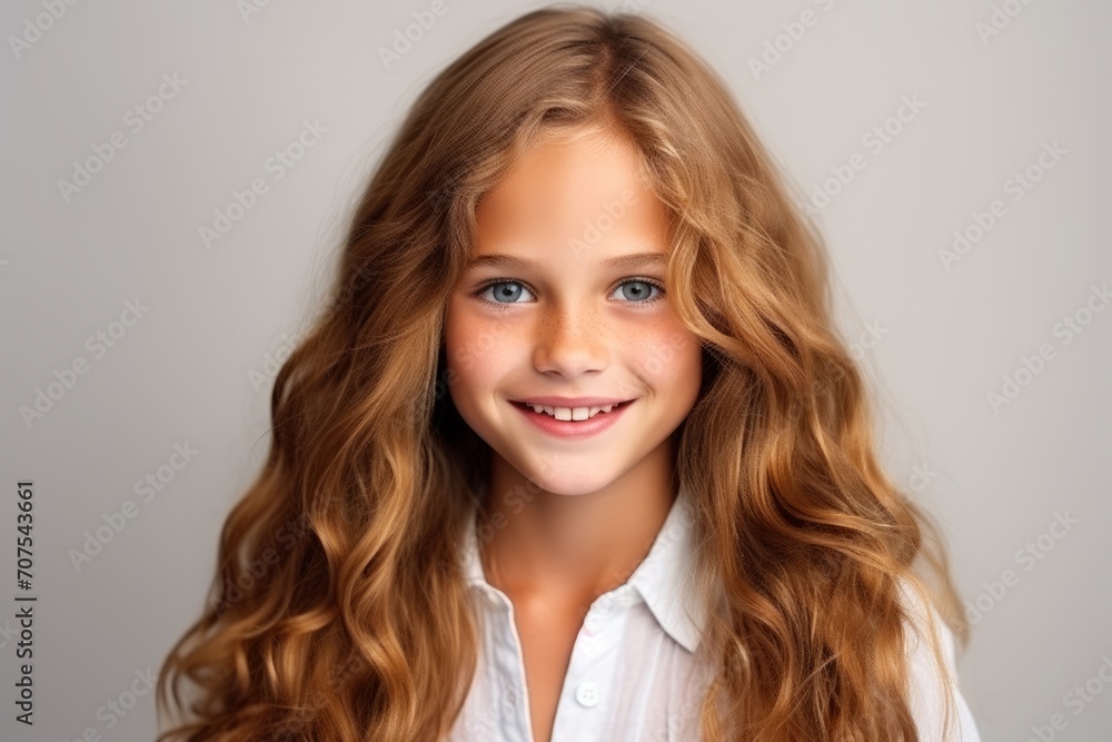 Portrait of a beautiful little girl with long wavy hair.