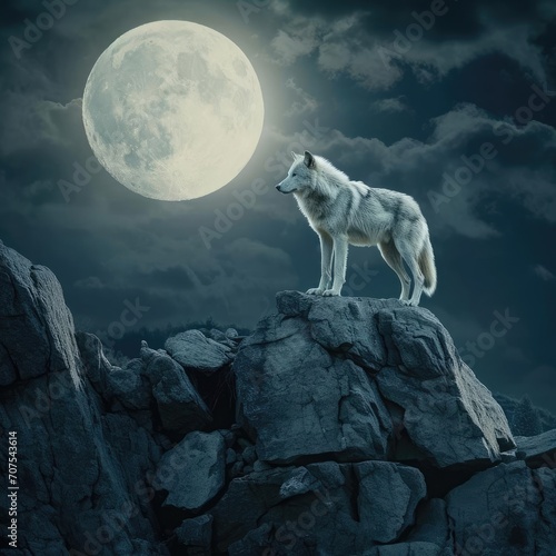 Lone wolf gazing at the moon on a rocky terrain