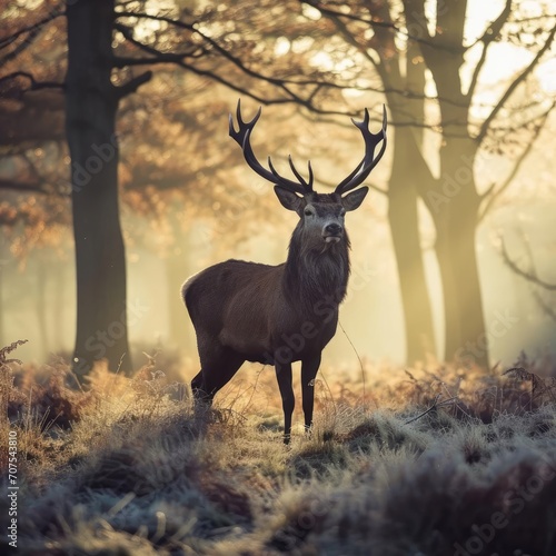 Majestic deer standing in a misty forest clearing