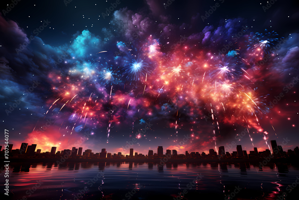 Colorful firework explosions against darkness