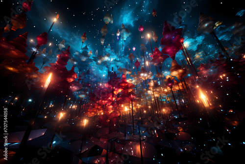 Colorful firework explosions against darkness