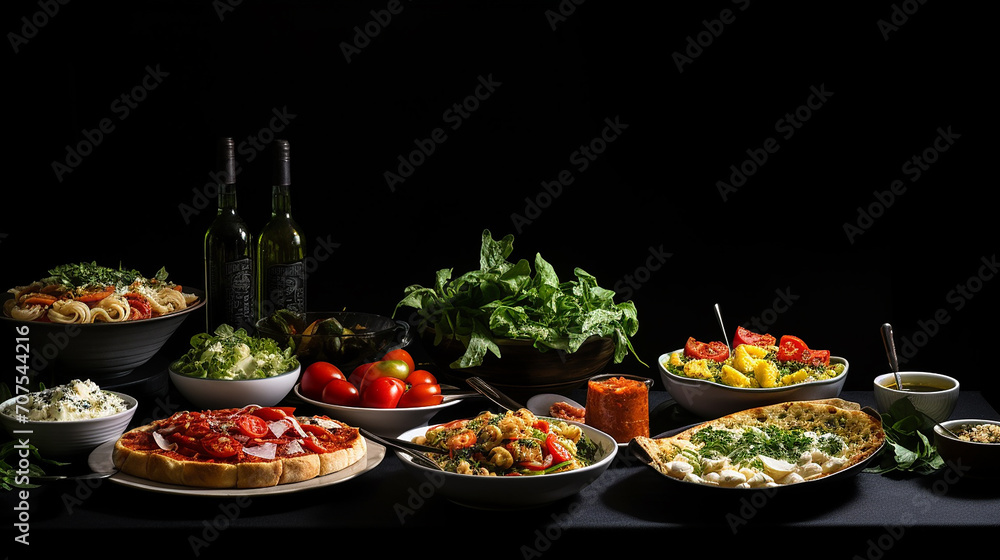 full table of italian meals on plates pizza pasta ravioli, carpaccio on dark background