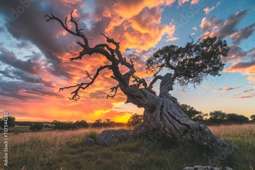 Old gnarled tree with a vibrant sunset backdrop
