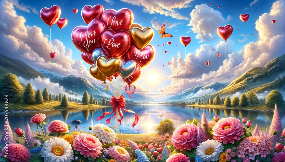 Heart-shaped balloons with I Love You text, valentines day, cupid, love, flowers, lake, celebration, landscape at sunset
