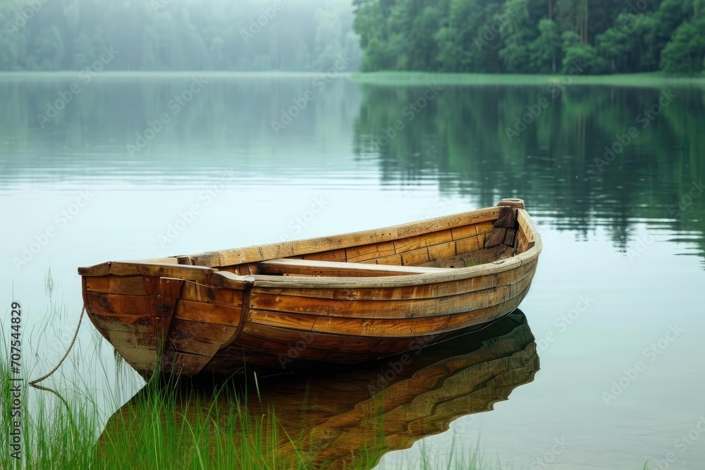Rustic wooden rowboat moored by a calm lake
