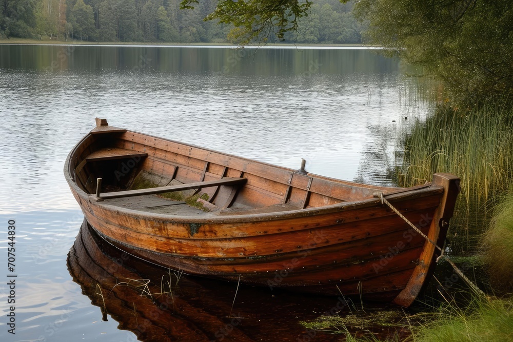 Rustic wooden rowboat moored by a calm lake