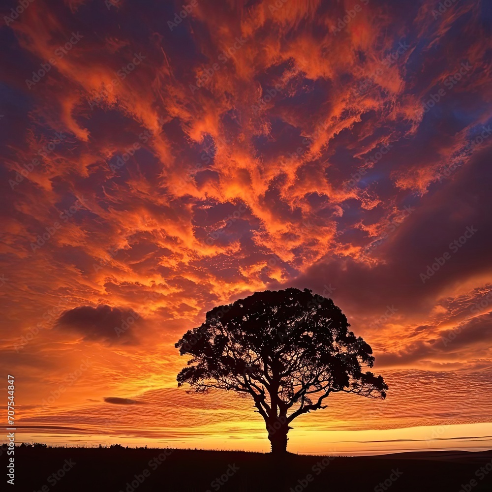 Silhouette of a lone tree at sunset with dramatic sky