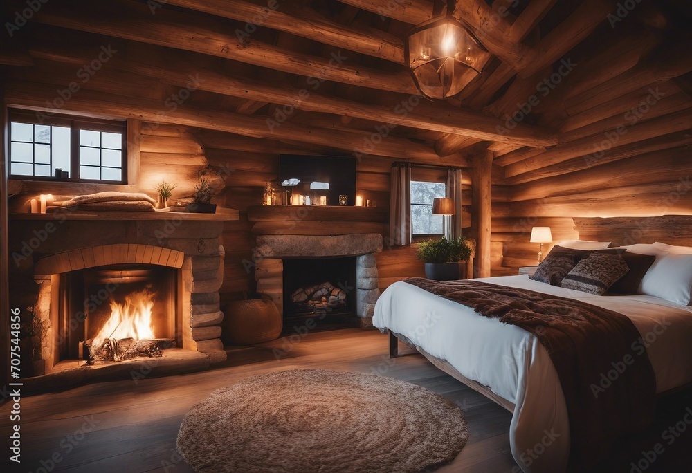 A cozy cabin style bedroom with a fireplace rustic decor and wooden beams A cozy cabin style bedroom with a fireplace rustic decor and wooden beams