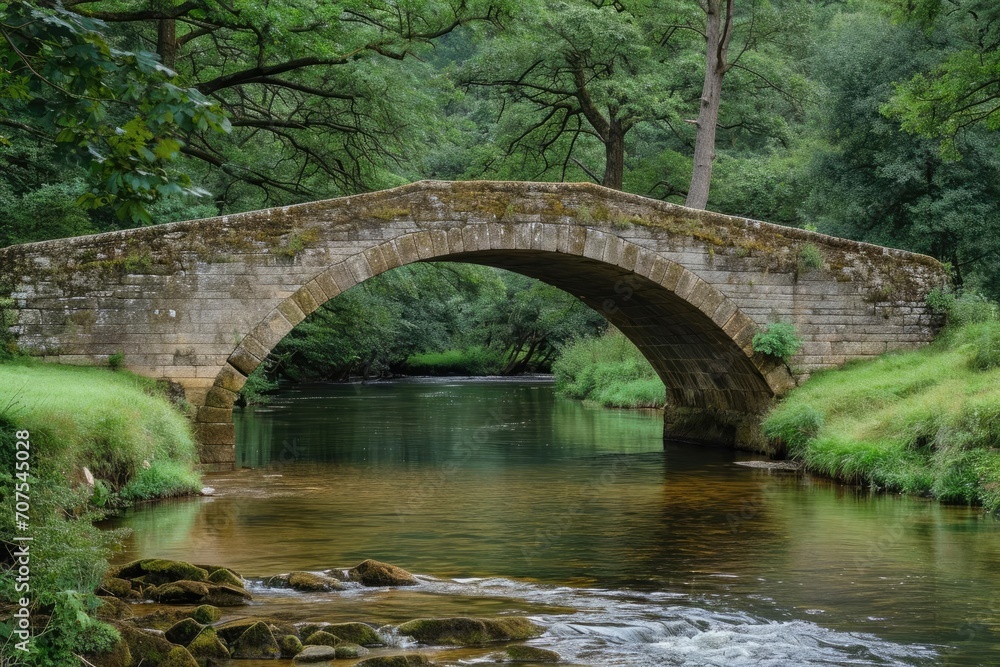 Old stone bridge arching over a peaceful river