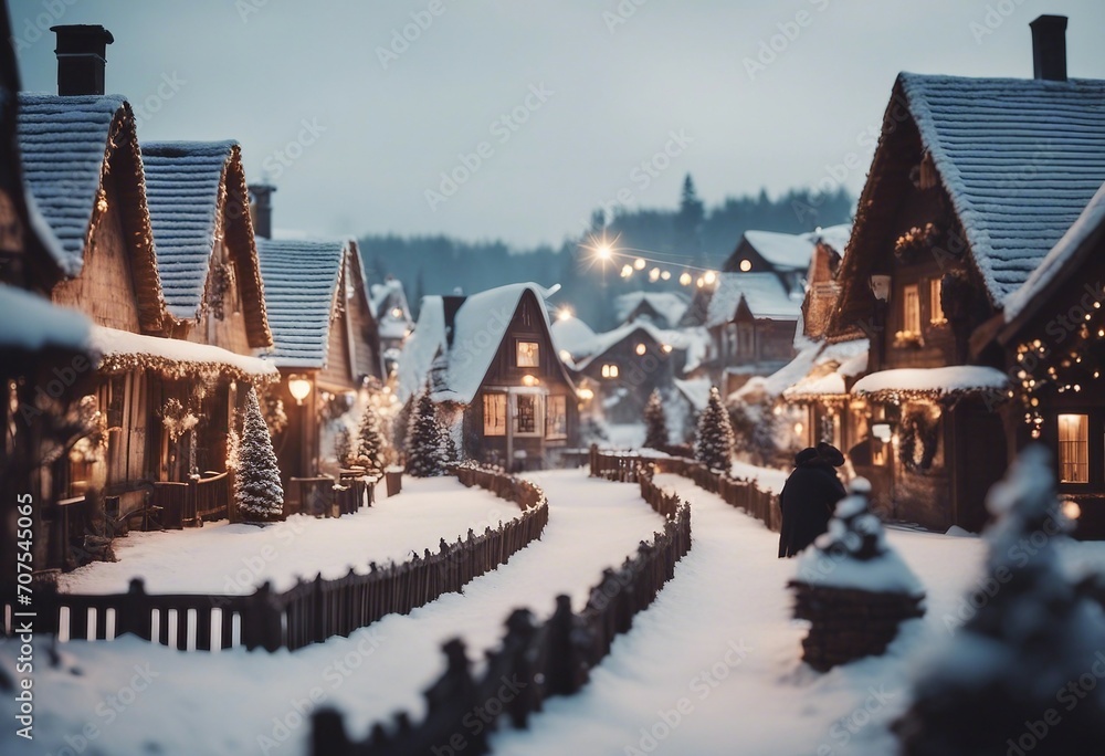 Christmas village with Snow in vintage style Winter Village Landscape Christmas Holidays