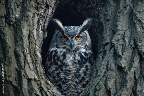 Old Wise owl gazing from an ancient tree