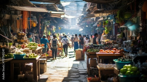A vibrant street market filled with colorful stalls