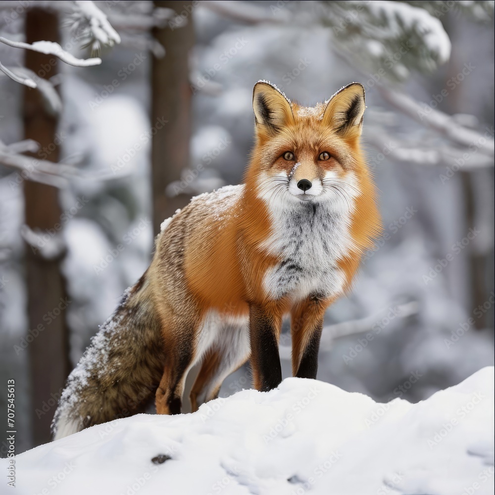 Red fox standing alert in a snowy forest landscape Red fox standing alert in a snowy forest landscape