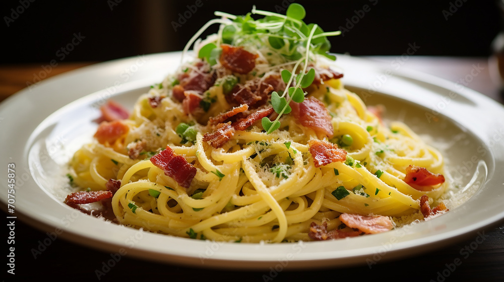 homemade pasta carbonara on white plate homemade pasta carbonara on white plate