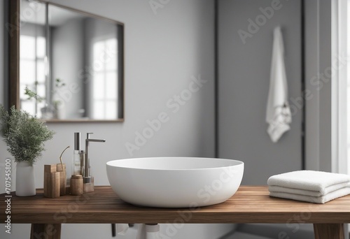 White bathroom interior Empty wooden table top for product display with blurred bathroom interior