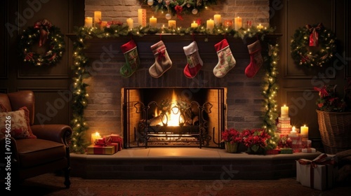 a fireplace with christmas decorations and candles © Kumblack
