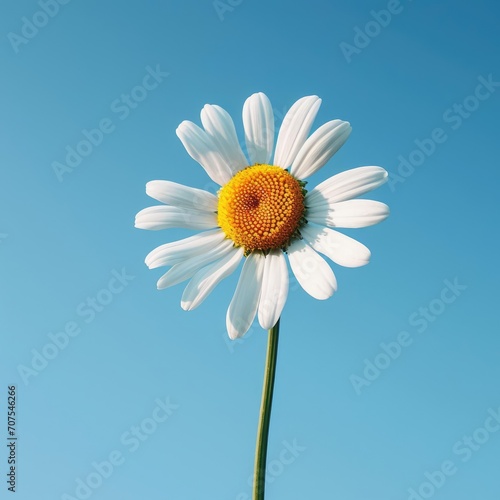 Single daisy flower against a clear blue sky
