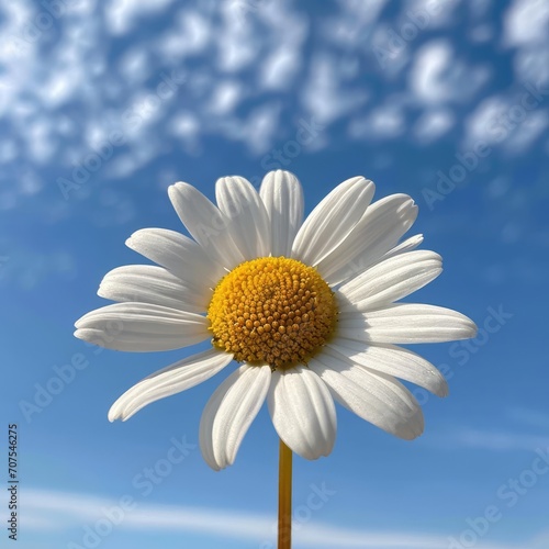Single daisy swaying in a gentle breeze under blue skies