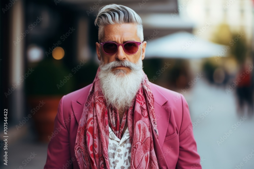 Portrait of a handsome senior man with long white beard and mustache wearing pink jacket and red scarf on the street