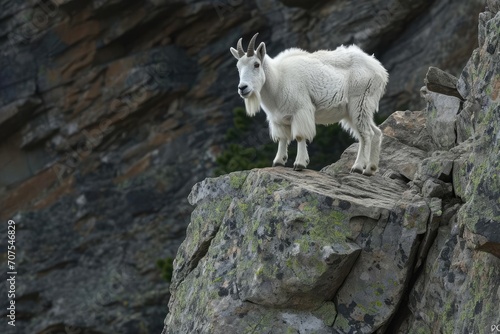 Solitary mountain goat perched on a rocky ledge
