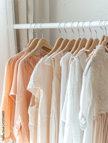 fashion shop filled with racks in inviting peach and white tones, showcasing a natural and trendy clothing collection. © mariiaplo