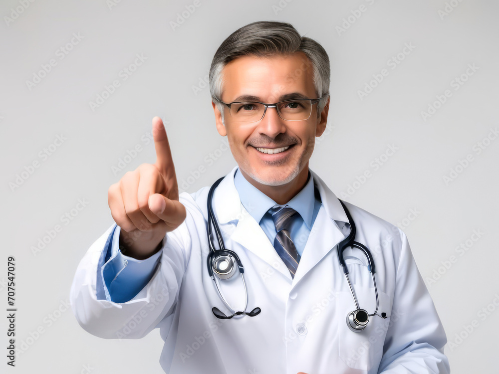 A professional doctor pointing aimlessly, dressed politely and professionally, on a white background A professional doctor pointing aimlessly, dressed politely and professionally, on a white background