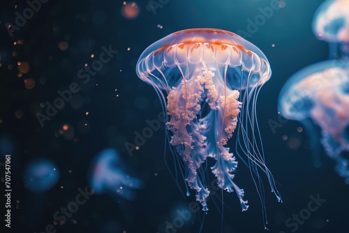 Softly glowing jellyfish floating serenely in deep ocean waters
